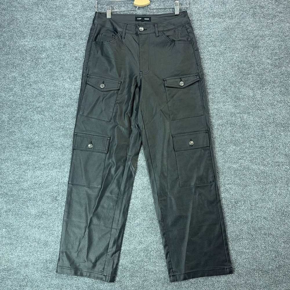 Almost Famous Womens Black Faux Leather Cargo Pants Straight Leg 7 Streetwear